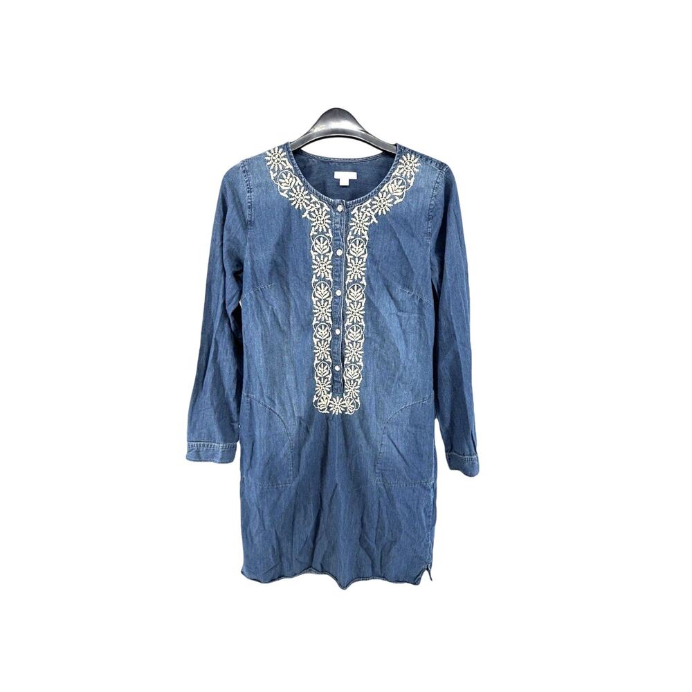J Jill Chambray Denim Button Embroidery Front Long Sleeve Pocket Dress Small